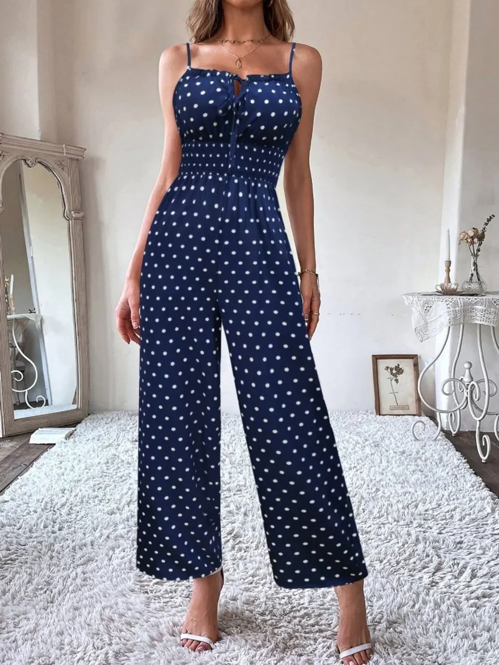 Women's Casual Polka Dot Print Front Tie Jumpsuit
